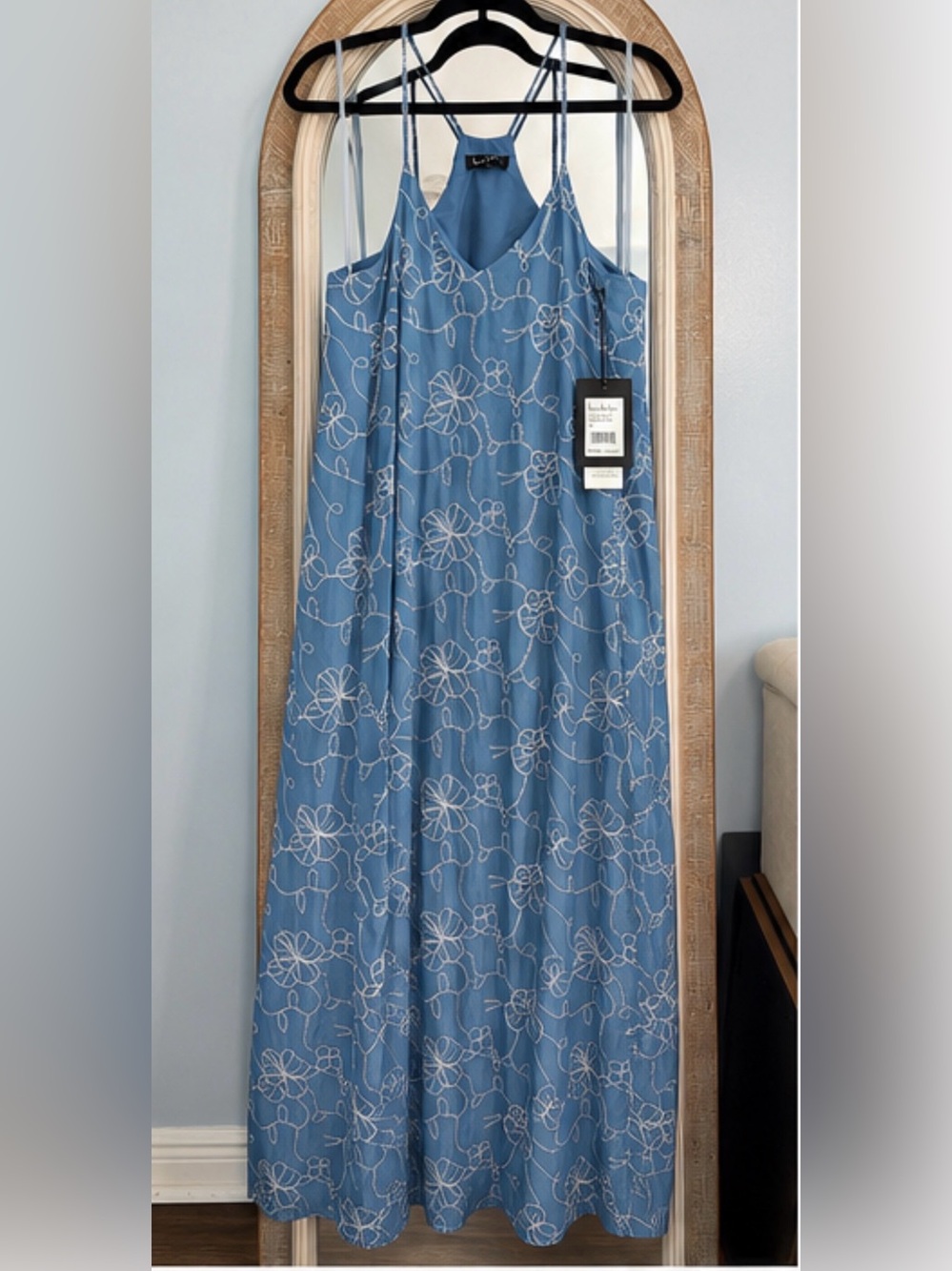 Nicole Miller Blue Maxi Dress with White Floral Embroidery